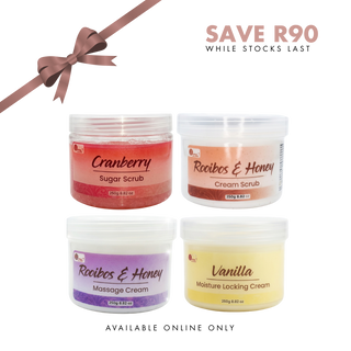 Cranberry Sugar Body Scrub + Rooibos and Honey Cream Scrub & Massage Cream + Vanilla Moisture Locking Cream (All 250g)